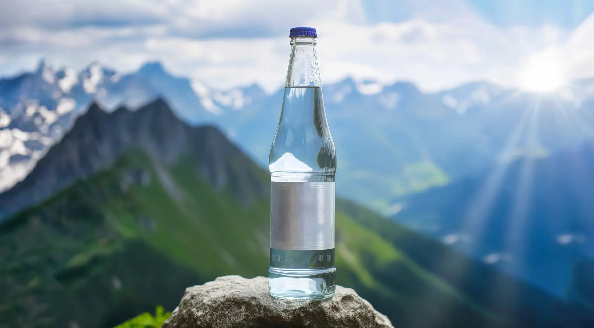 generic mineral glass water bottle in the middle of nature on a rock mockup with mountains background as wide banner with copy space area - Generative AI