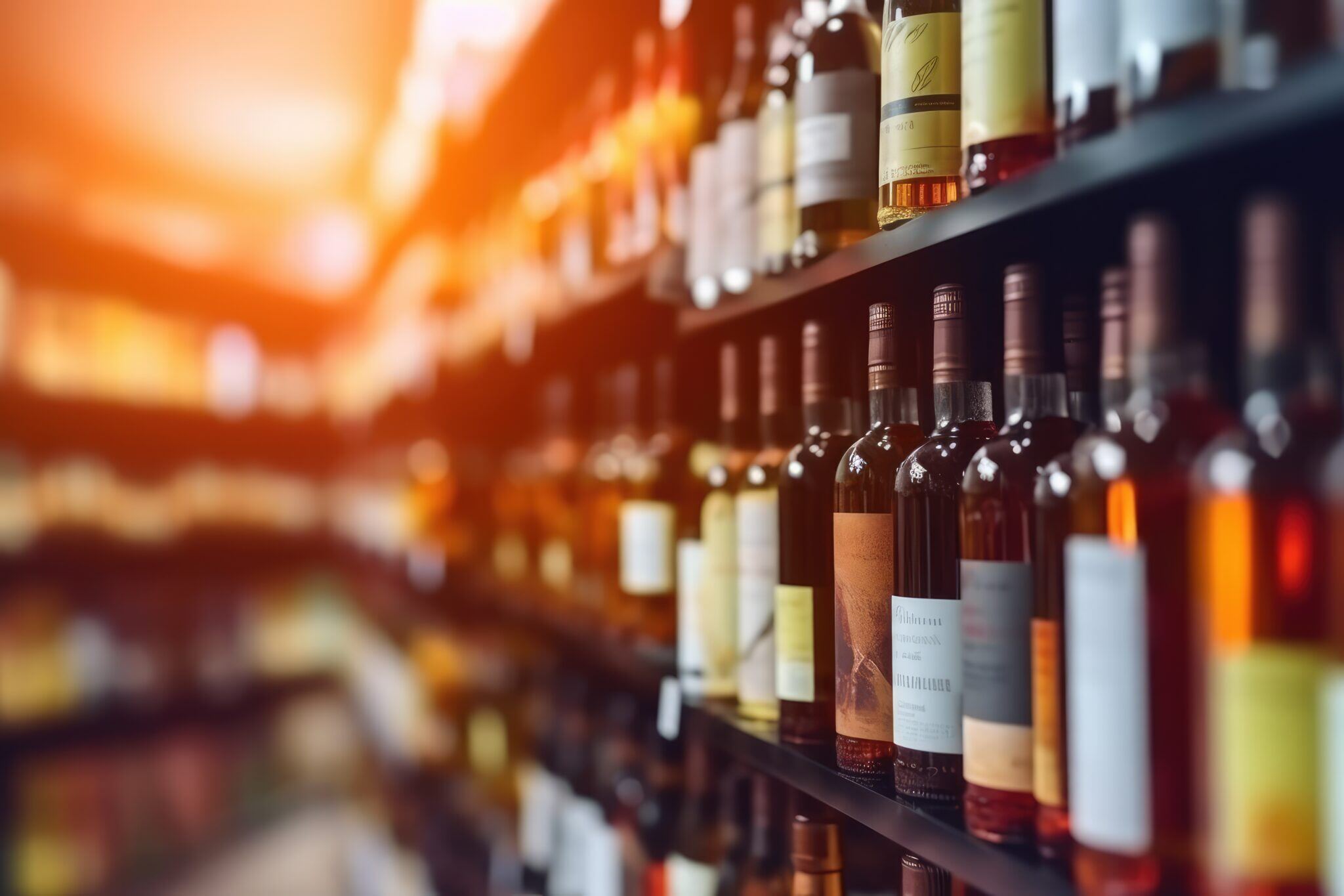 Blur wine bottles on liquor alcohol shelves in supermarket store background. , Copyspace ,Generative AI.