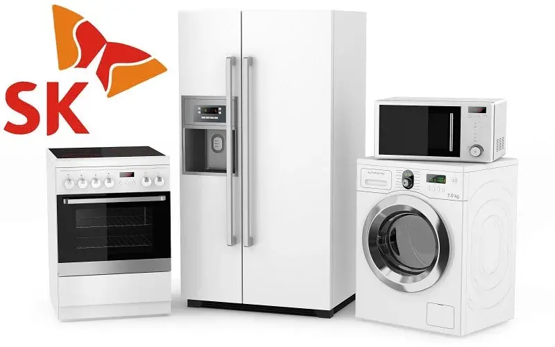 Group of household appliances on a white background