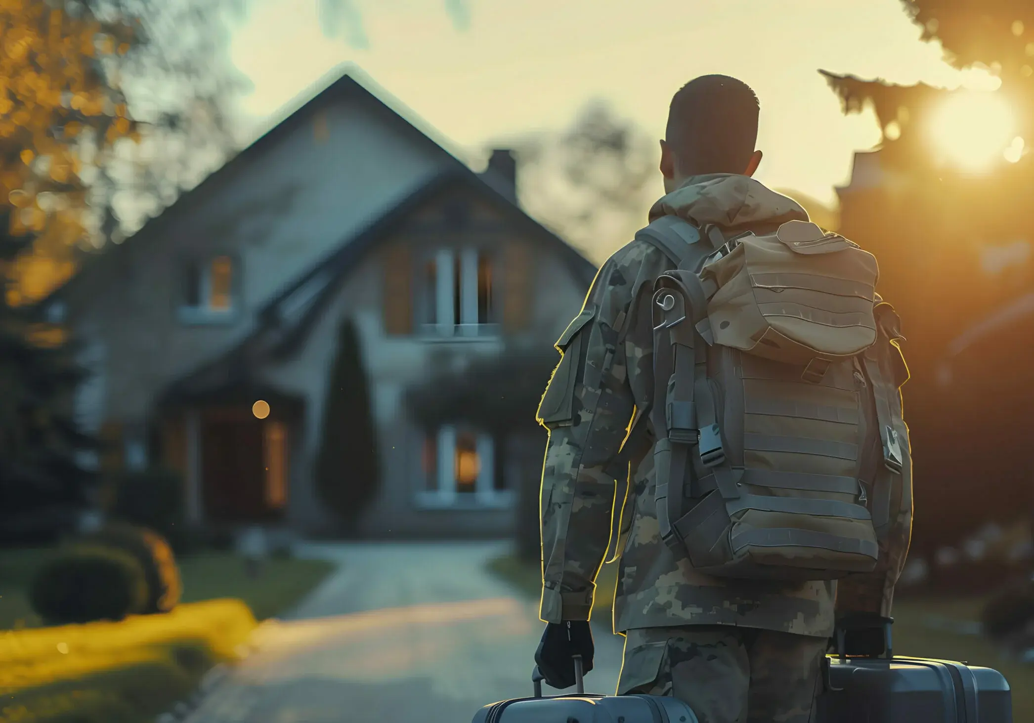 Back view of a courageous young soldier walking towards his house with his luggage